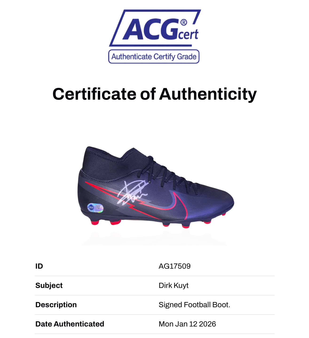 DIRK KUYT SIGNED NIKE FOOTBALL BOOT LIVERPOOL LEGEND (ACG CERT AG17509)