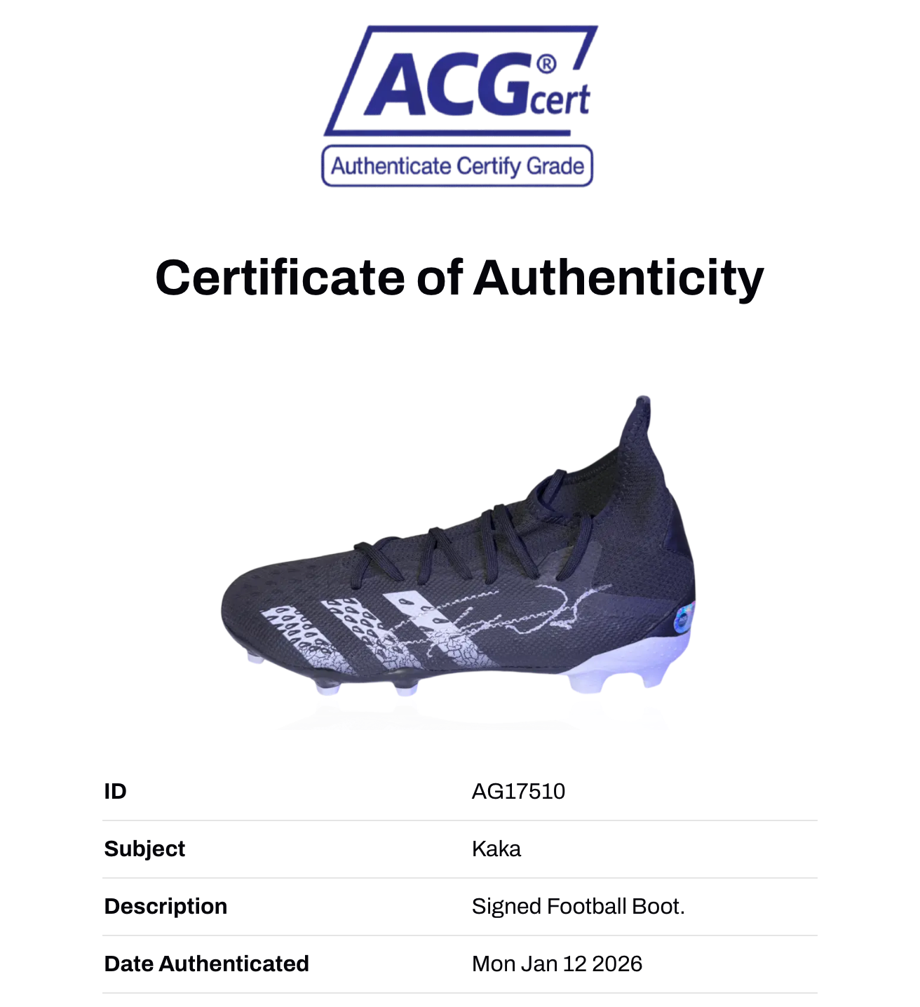 KAKA SIGNED ADIDAS PREDATOR FOOTBALL BOOT BRAZIL LEGEND (ACG CERT AG17510)