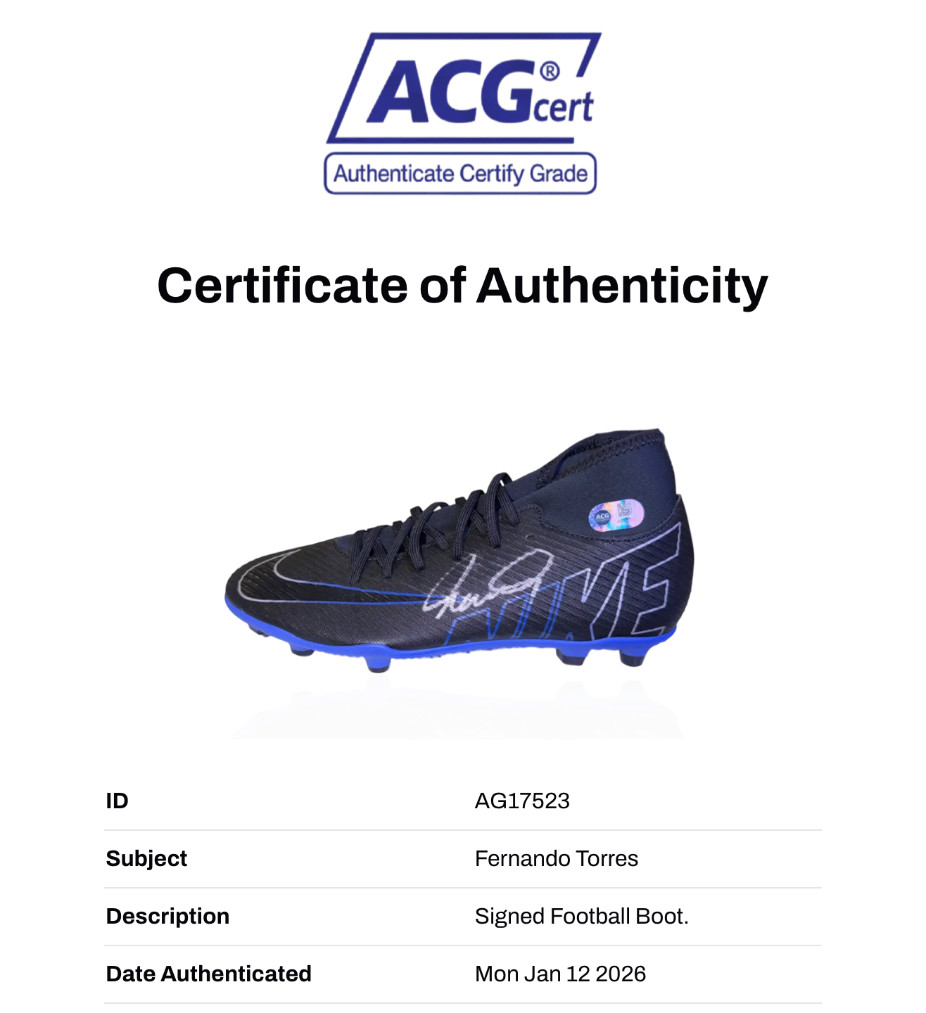 FERNANDO TORRES SIGNED NIKE MERCURIAL FOOTBALL BOOT (ACG CERT AG17523)
