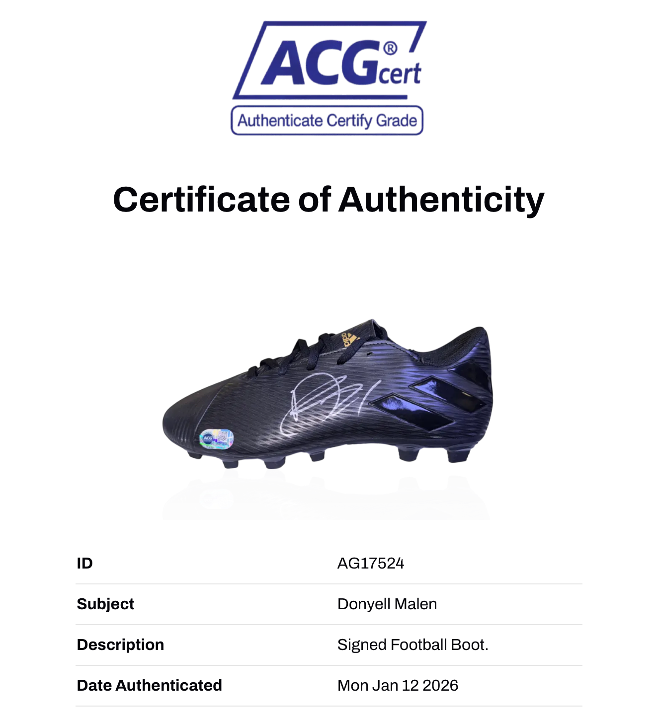 DONYELL MALEN SIGNED ADIDAS FOOTBALL BOOT (ACG CERT AG17524)