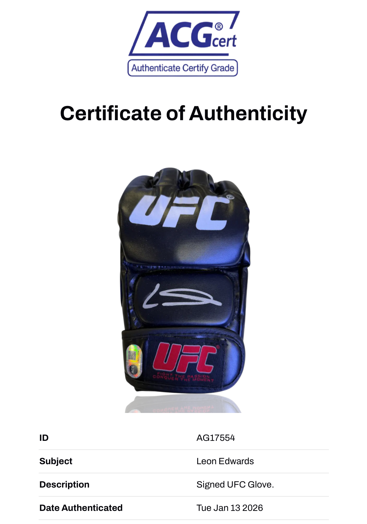 LEON 'ROCKY' EDWARDS SIGNED UFC AUTOGRAPH FIGHT GLOVE (ACG CERT AG17554)