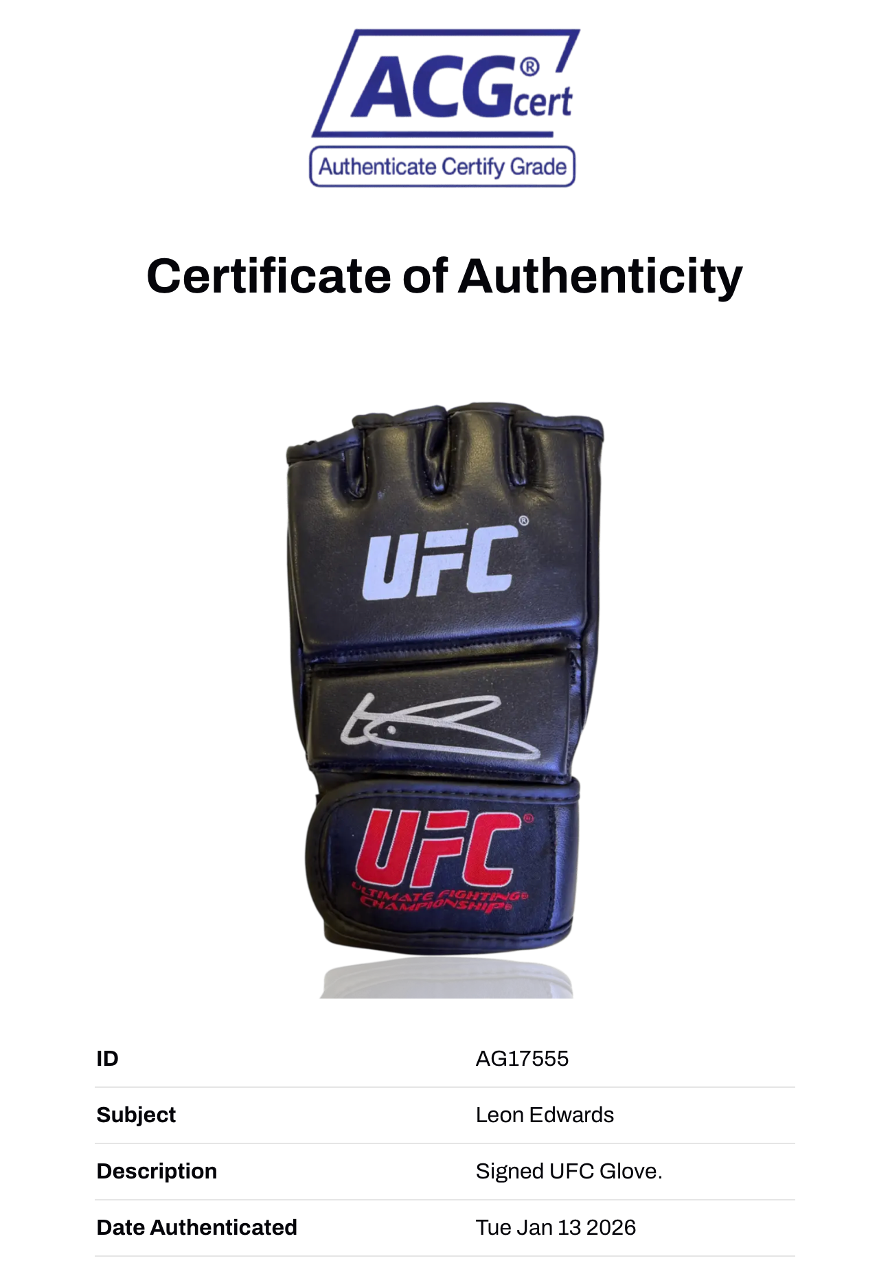 LEON 'ROCKY' EDWARDS SIGNED UFC AUTOGRAPH FIGHT GLOVE (ACG CERT AG17555)