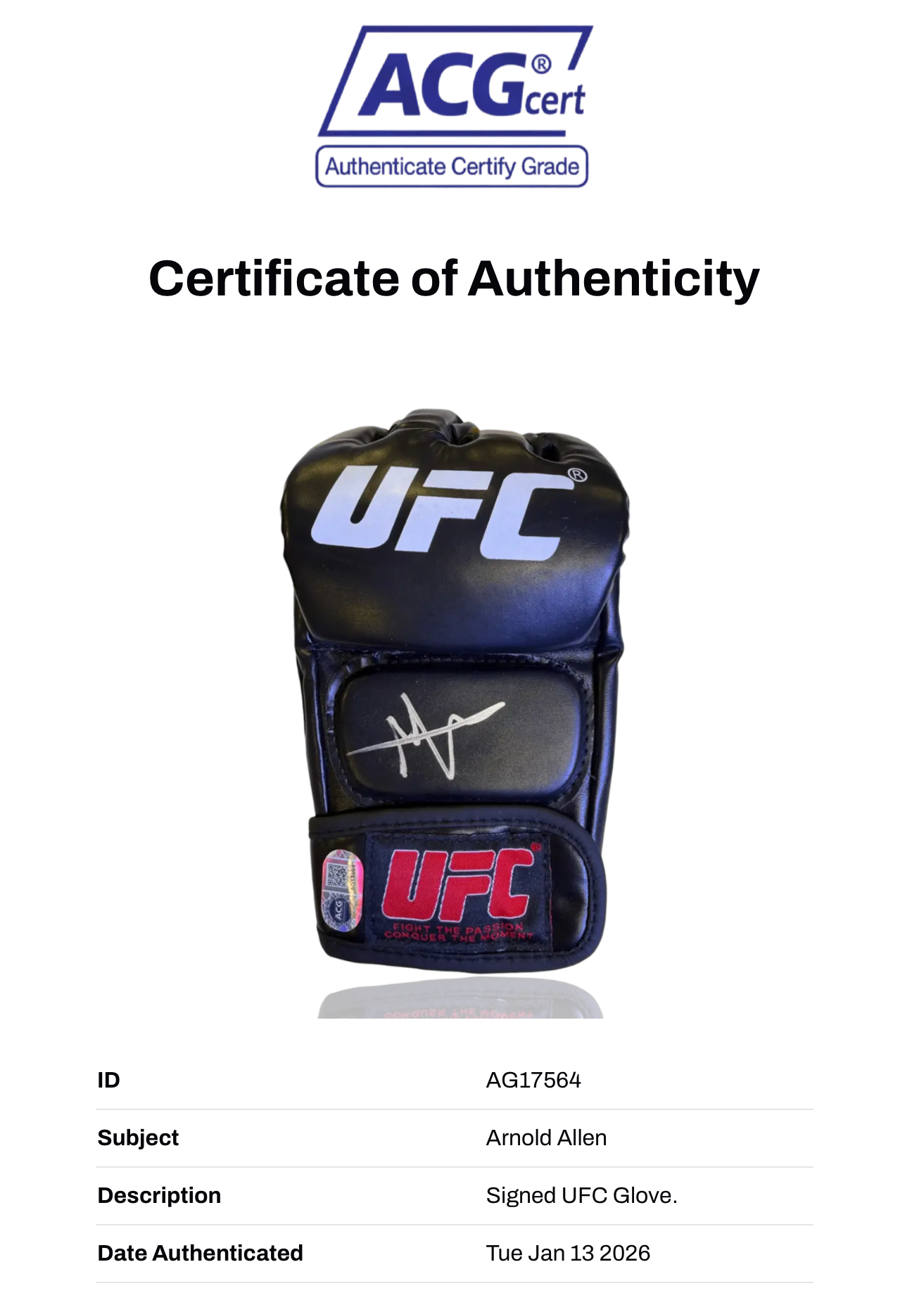 ARNOLD ALLEN SIGNED UFC AUTOGRAPH GLOVE (ACG CERT AG17564)