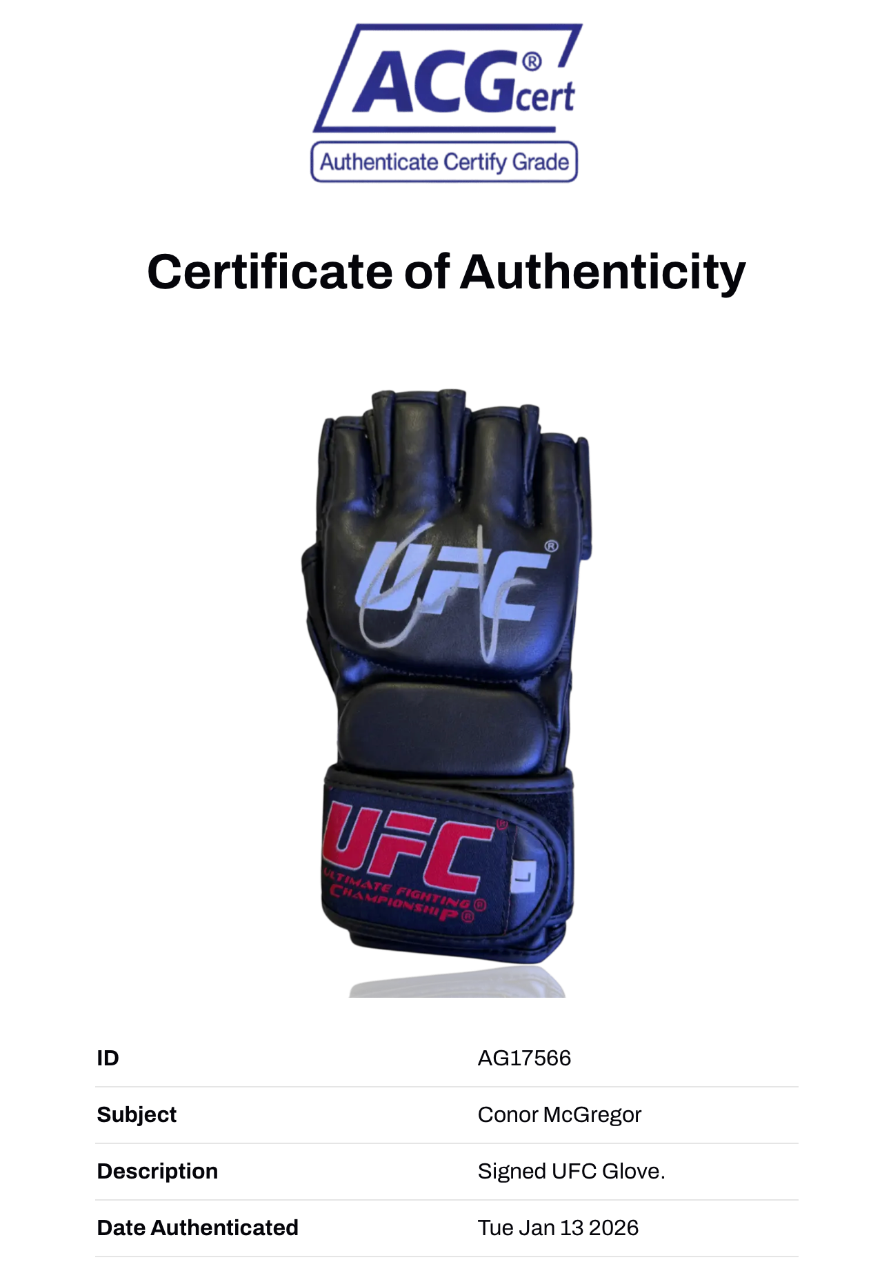 CONOR MCGREGOR SIGNED UFC FIGHT GLOVE NOTORIOUS (ACG CERT AG15766)