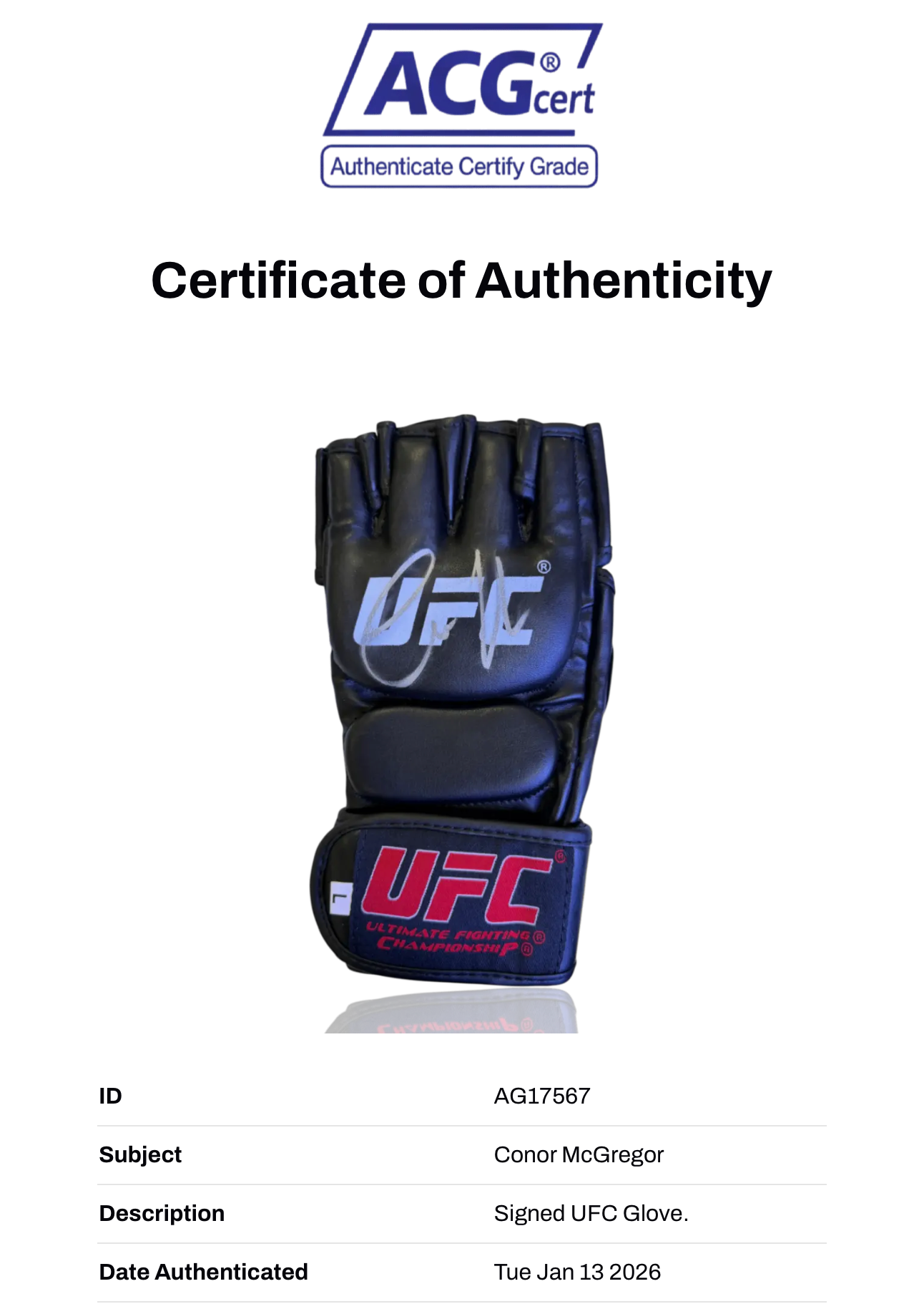 CONOR MCGREGOR SIGNED UFC FIGHT GLOVE NOTORIOUS (ACG CERT AG17567)
