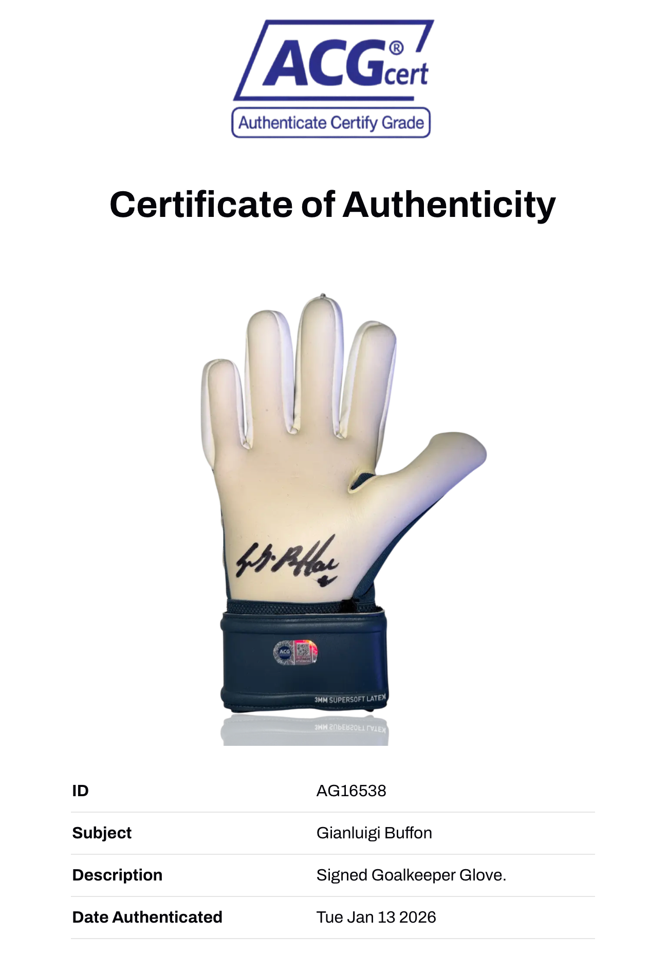 GIANLUIGI BUFFON SIGNED PUMA NAVY GOALKEEPER GLOVE (ACG CERT AG16538)