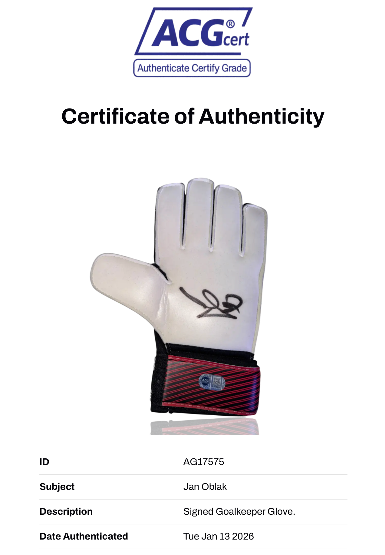 JAN OBLAK SIGNED ATLETICO MADRID GOALKEEPER GLOVE SLOVENIA (ACG CERT AG17575)