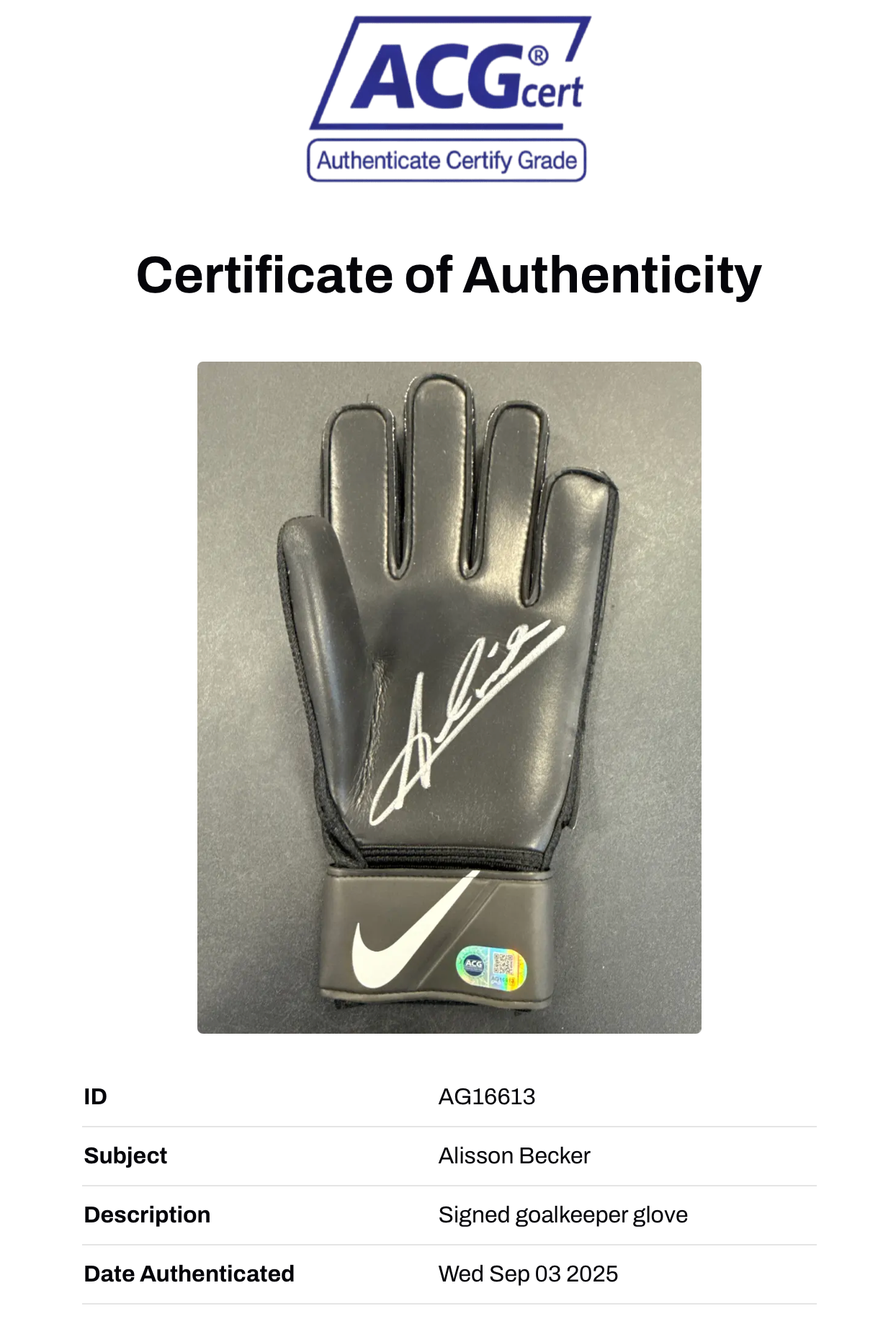 ALISSON BECKER SIGNED LIVERPOOL FC GOALKEEPER NIKE GLOVE BLACK (ACG CERT AG16613)