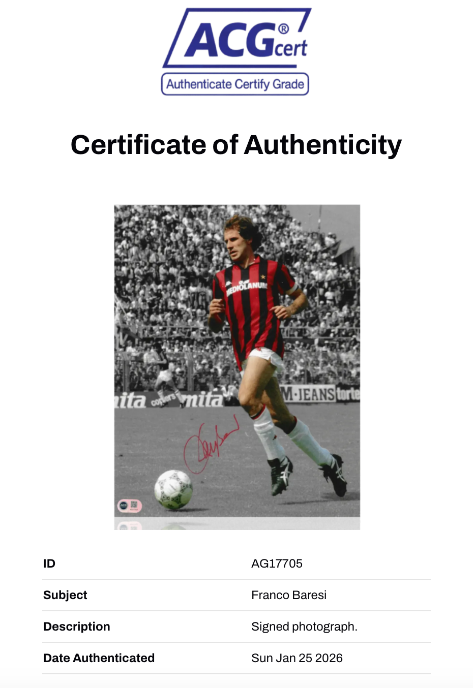 FRANCO BARESI SIGNED AC MILAN LEGEND 14X11 PHOTOGRAPH (ACG CERT AG17705)