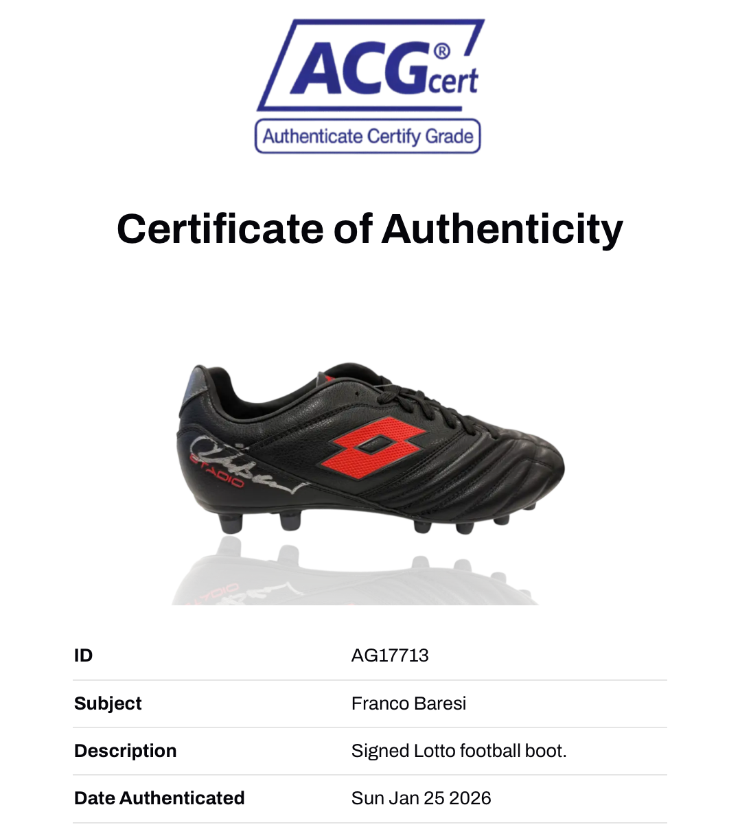 FRANCO BARESI SIGNED AC MILAN LOTTO FOOTBALL BOOT (ACG CERT AG17713)