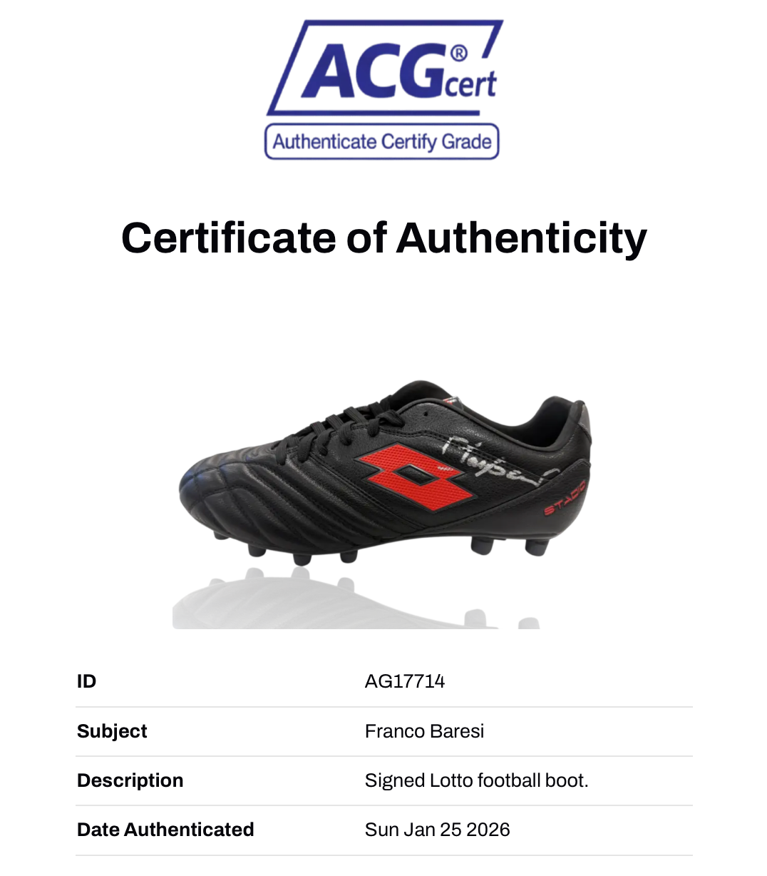 FRANCO BARESI SIGNED AC MILAN LOTTO FOOTBALL BOOT (ACG CERT AG17714)