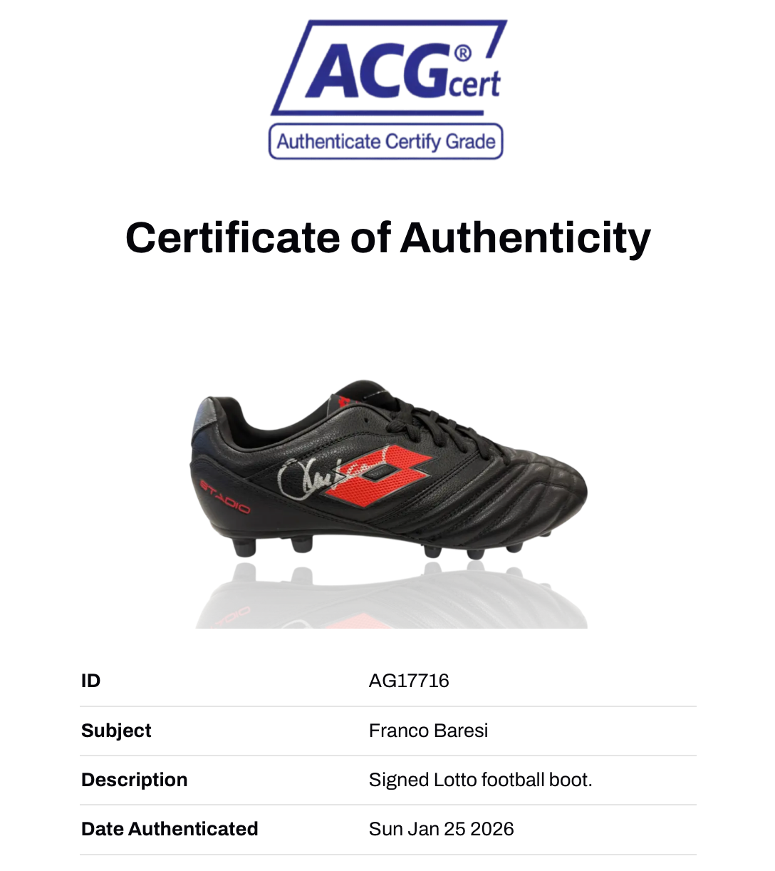 FRANCO BARESI SIGNED AC MILAN LOTTO FOOTBALL BOOT (ACG CERT AG17716)