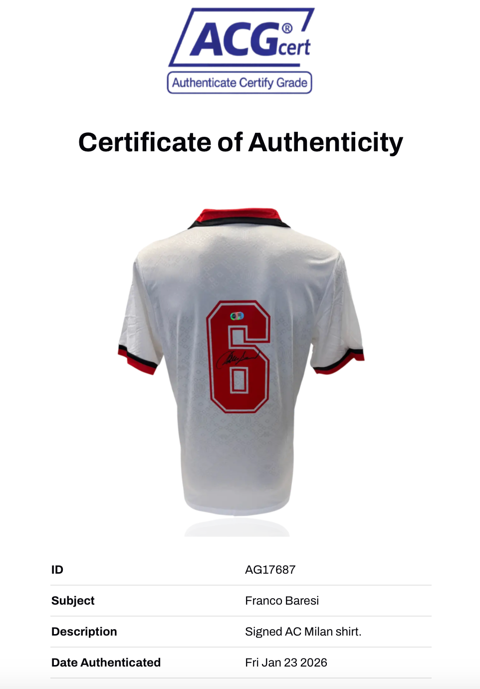 FRANCO BARESI SIGNED AC MILAN 1989/90 AWAY SHIRT (ACG CERT AG17687)