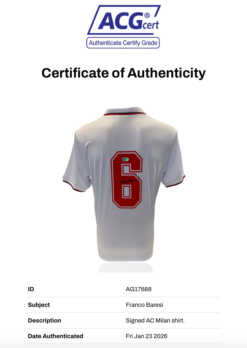 FRANCO BARESI SIGNED AC MILAN 1993/94 AWAY SHIRT (ACG CERT AG17688)