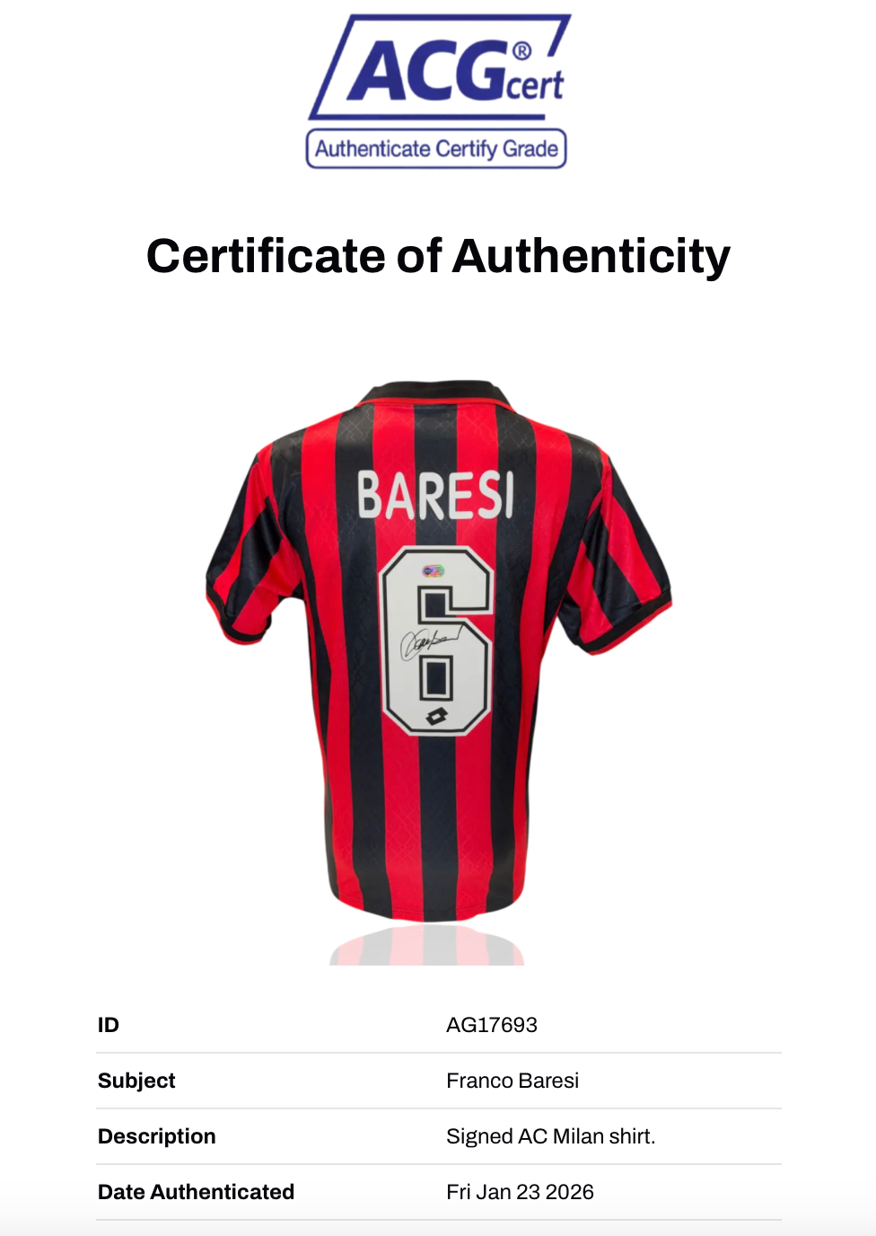 FRANCO BARESI SIGNED AC MILAN 1995/96 HOME SHIRT (ACG CERT AG17693)