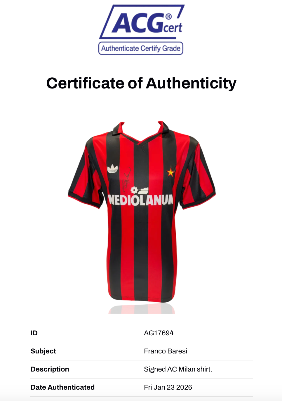 FRANCO BARESI SIGNED AC MILAN 1991/92 HOME SHIRT (ACG CERT AG17694)