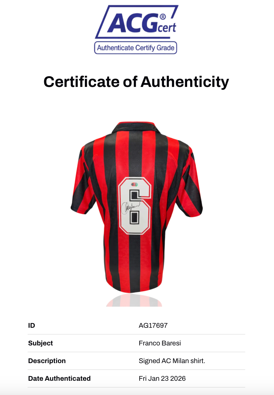 FRANCO BARESI SIGNED AC MILAN 1995/96 HOME SHIRT (ACG CERT AG17697)