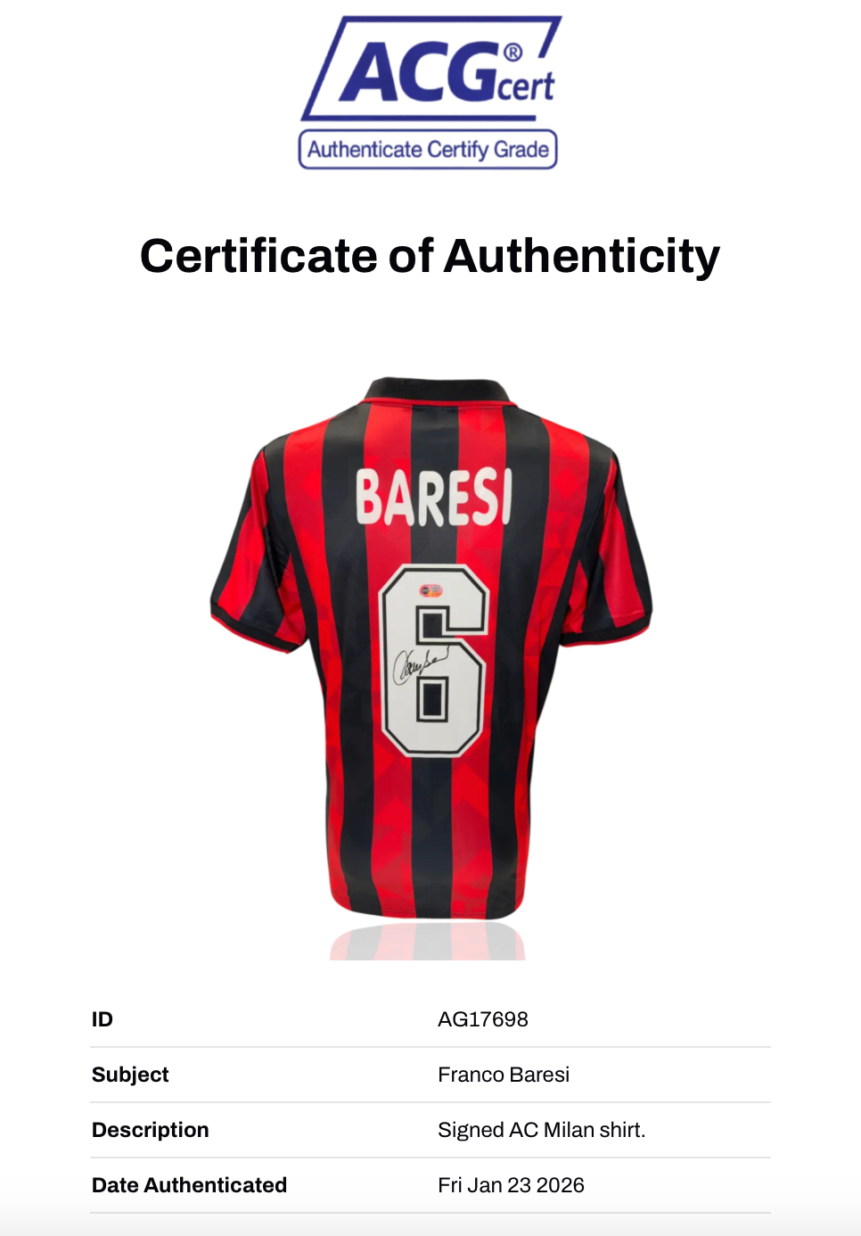 FRANCO BARESI SIGNED AC MILAN 1993/95 HOME SHIRT (ACG CERT AG17698)