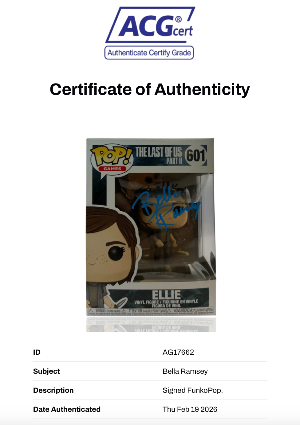 BELLA RAMSEY SIGNED ELLIE THE LAST OF US FUNKO POP! #601 (ACG CERT AG17662)
