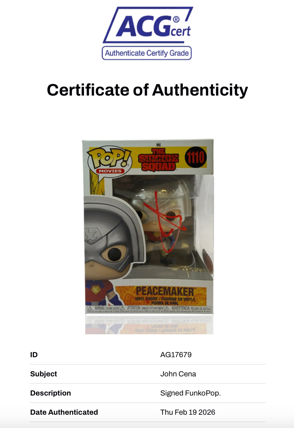 JOHN CENA SIGNED PEACEMAKER SUICIDE SQUAD #1110 FUNKOPOP (ACG CERT AG17679)