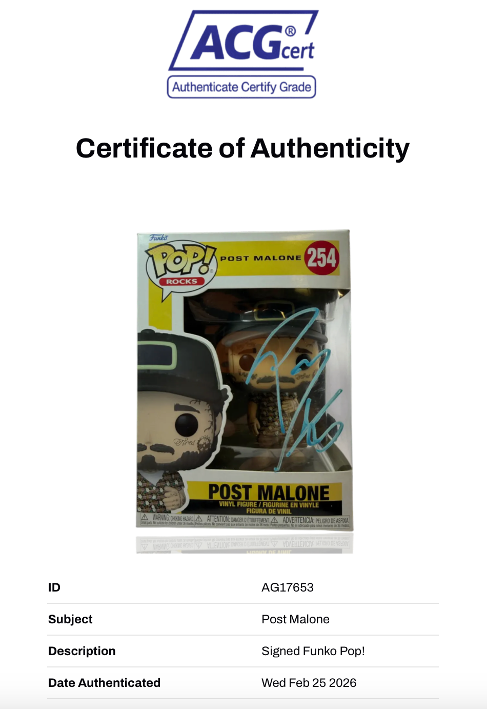 POST MALONE SIGNED FUNKOPOP! #254 POP ROCKS (ACG CERT AG17653)