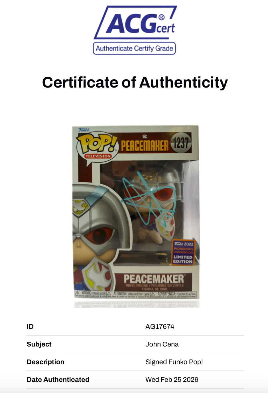 JOHN CENA SIGNED SUICIDE SQUAD PEACEMAKER #1237 FUNKOPOP (ACG CERT AG17674)