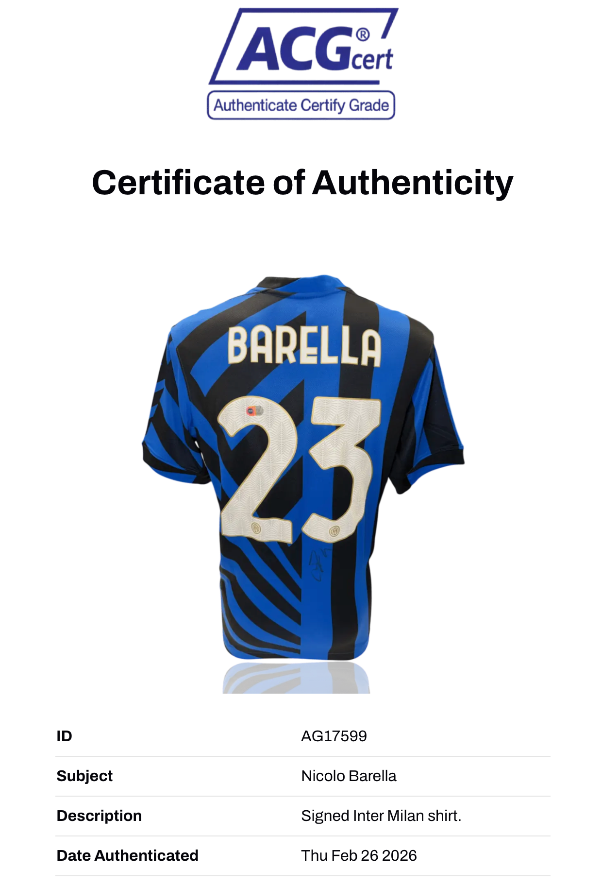 NICOLO BARELLA SIGNED 2024/25 INTER MILAN HOME SHIRT BARELLA 23 (ACG CERT AG17599)