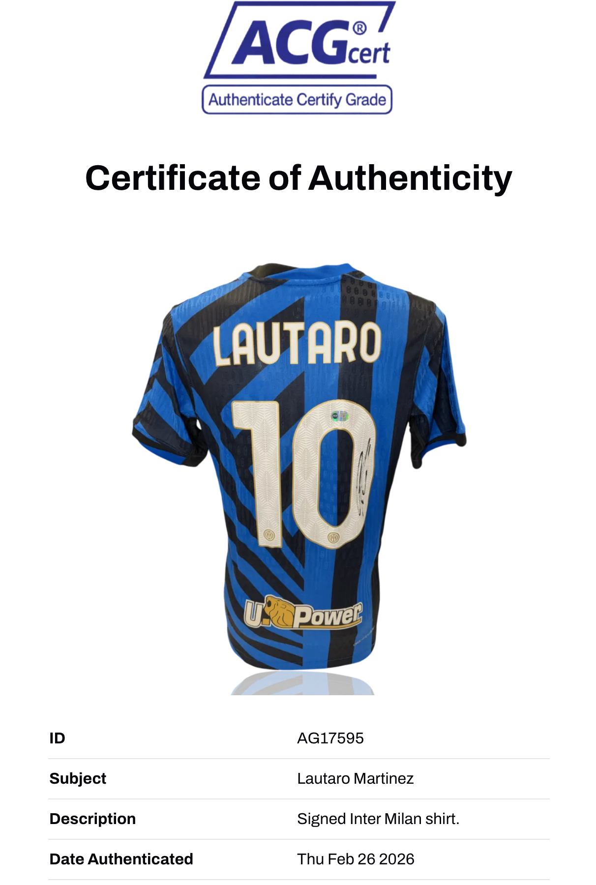 LAUTARO MARTINEZ SIGNED 2024/25 INTER MILAN HOME SHIRT LAUTARO 10 (ACG CERT AG17595)