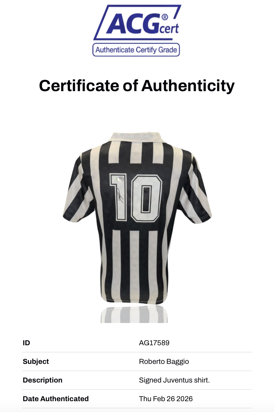 ROBERTO BAGGIO SIGNED 1993 JUVENTUS FOOTBALL HOME SHIRT (ACG CERT AG17589)