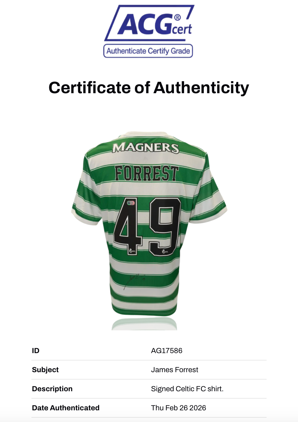 JAMES FORREST SIGNED CELTIC FC 2021/22 HOME SHIRT (ACG CERT AG17586)