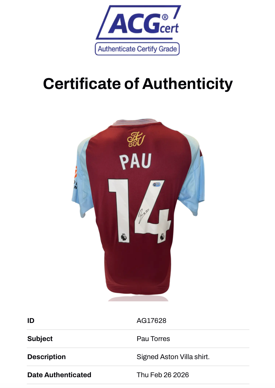 PAU TORRES SIGNED ASTON VILLA 2024/25 HOME SHIRT (ACG CERT AG17628)