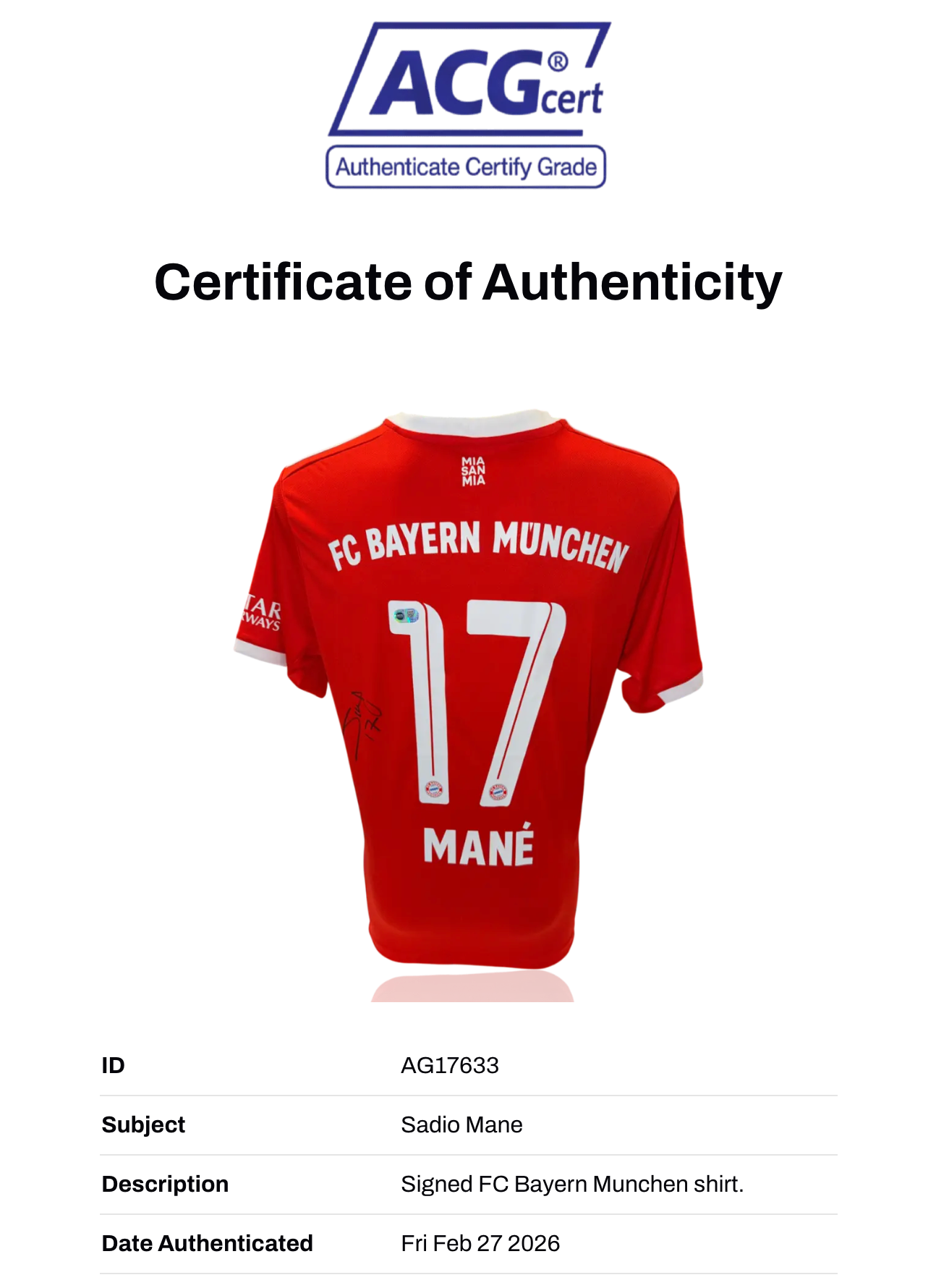 SADIO MANE SIGNED FC BAYERN MUNCHEN 2022/23 HOME SHIRT (ACG CERT AG17633)