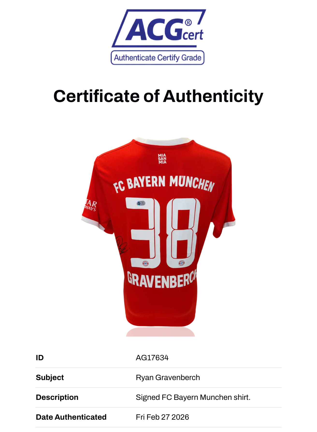 RYAN GRAVENBERCH SIGNED FC BAYERN MUNCHEN 2022/23 HOME SHIRT (ACG CERT AG17634)