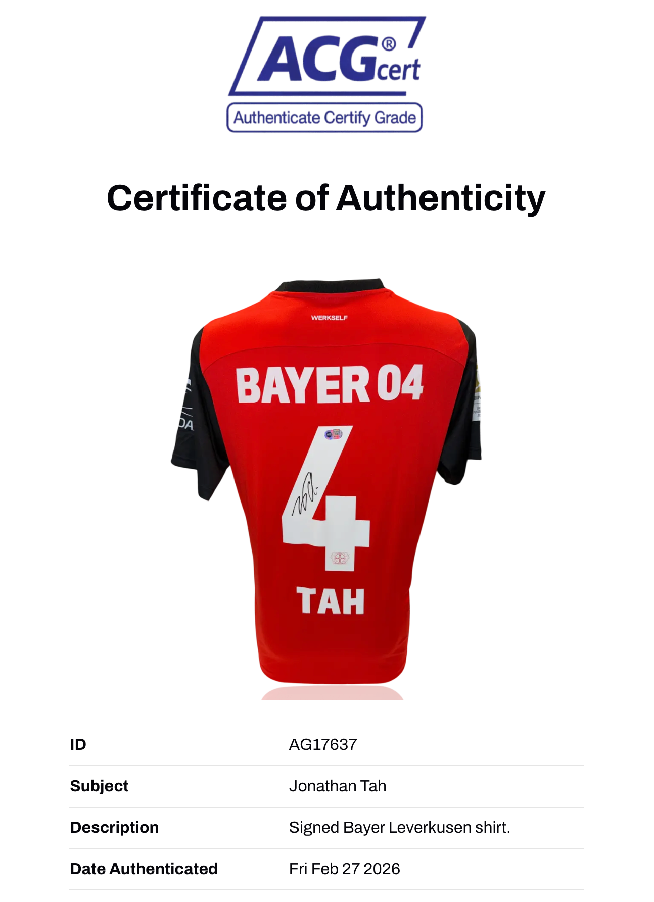 JONATHAN TAH SIGNED 2024/25 BAYER 04 LEVERKUSEN HOME SHIRT (ACG CERT AG17637)