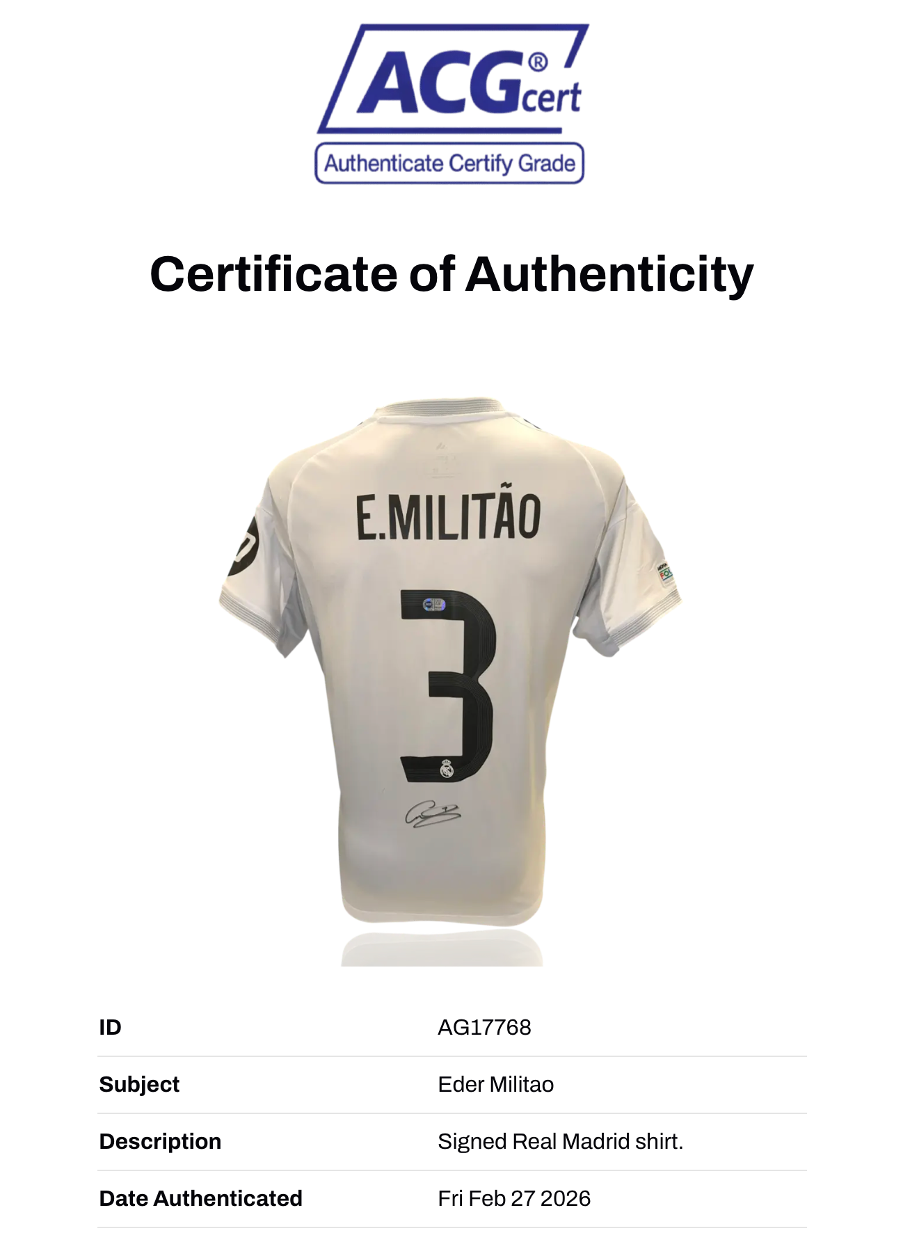 EDER MILITAO SIGNED REAL MADRID 2025/26 HOME SHIRT (ACG CERT AG17768)