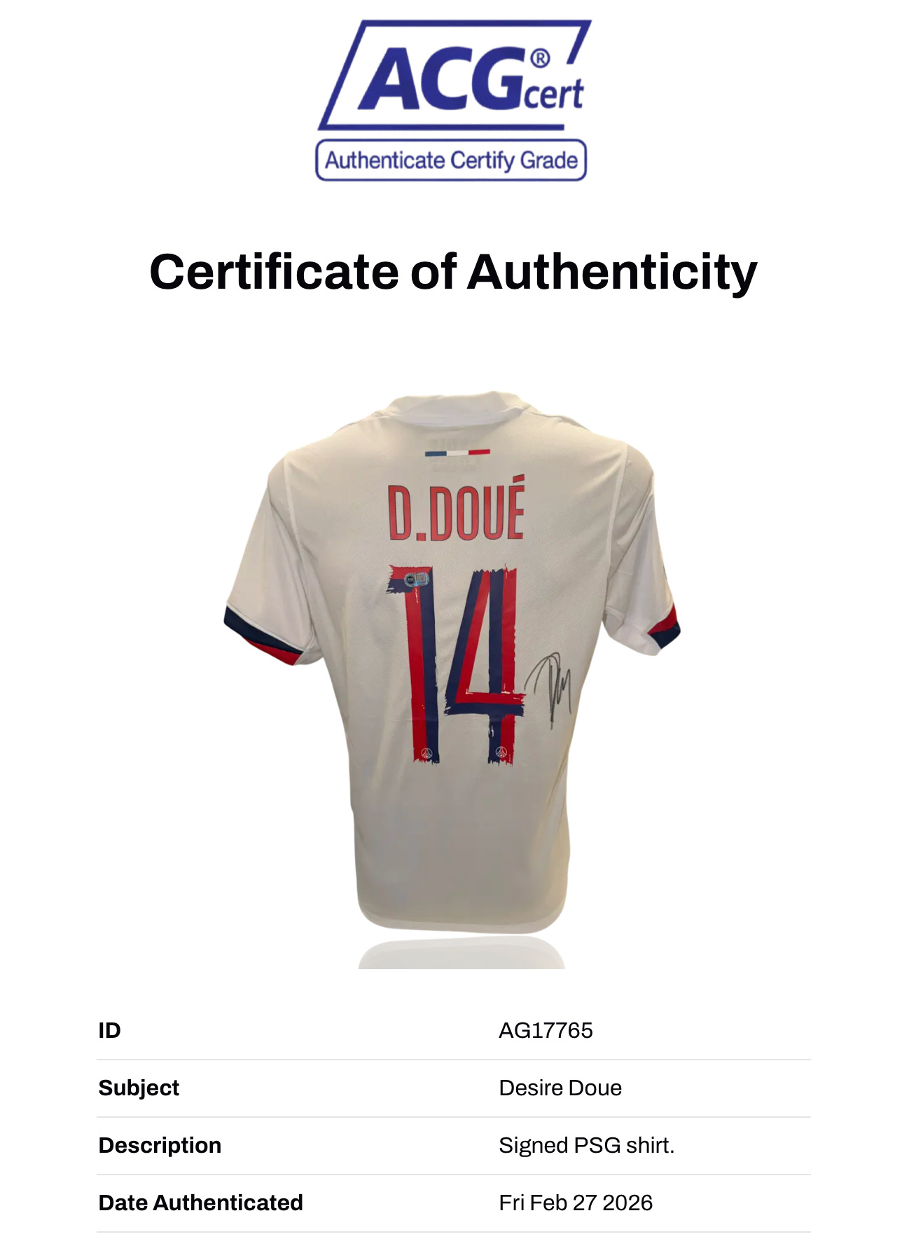 DESIRE DOUE SIGNED 2025/26 PARIS SAINT-GERMAIN PSG AWAY SHIRT (ACG CERT AG17765)