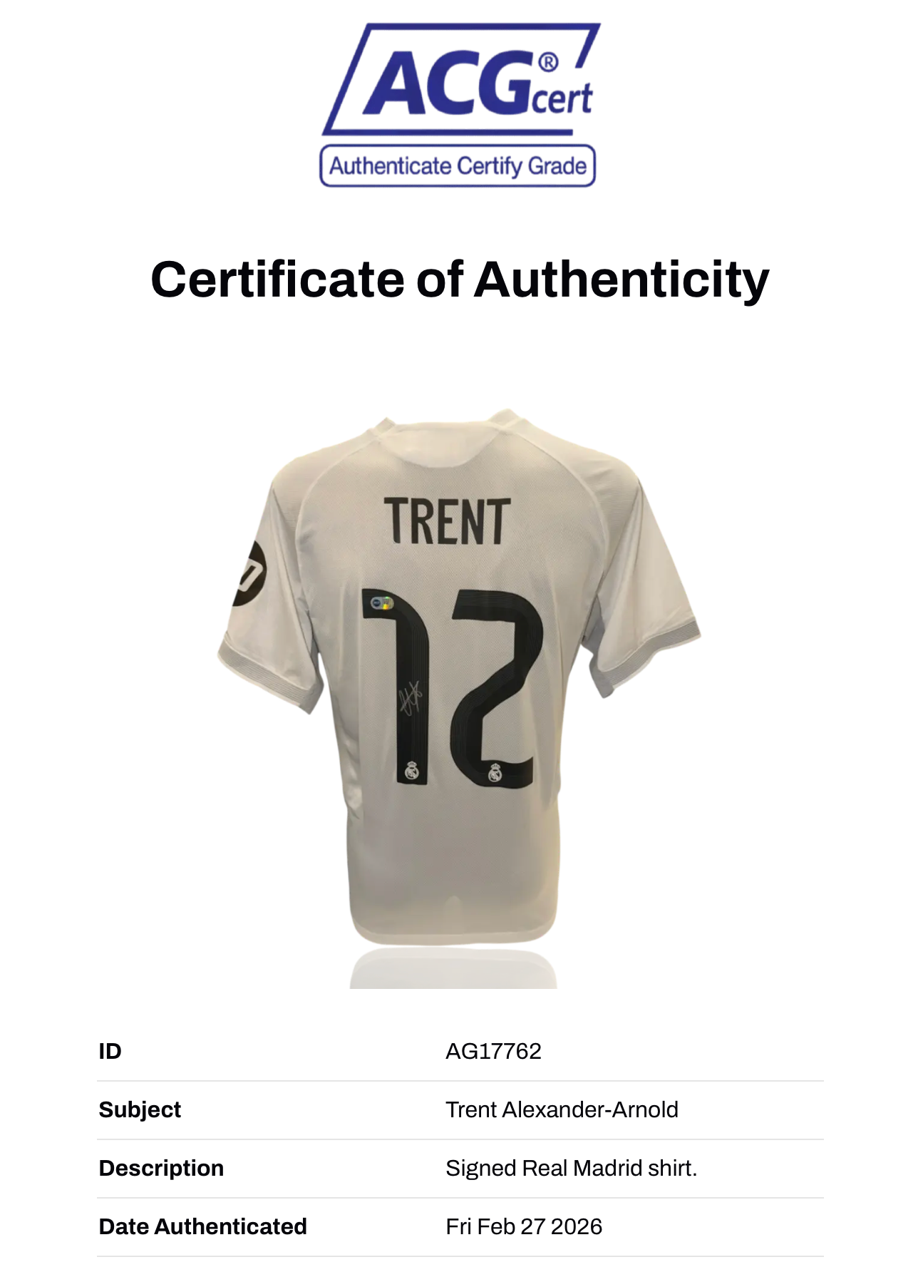 TRENT ALEXANDER-ARNOLD SIGNED REAL MADRID 2025/26 HOME SHIRT (ACG CERT AG17762)