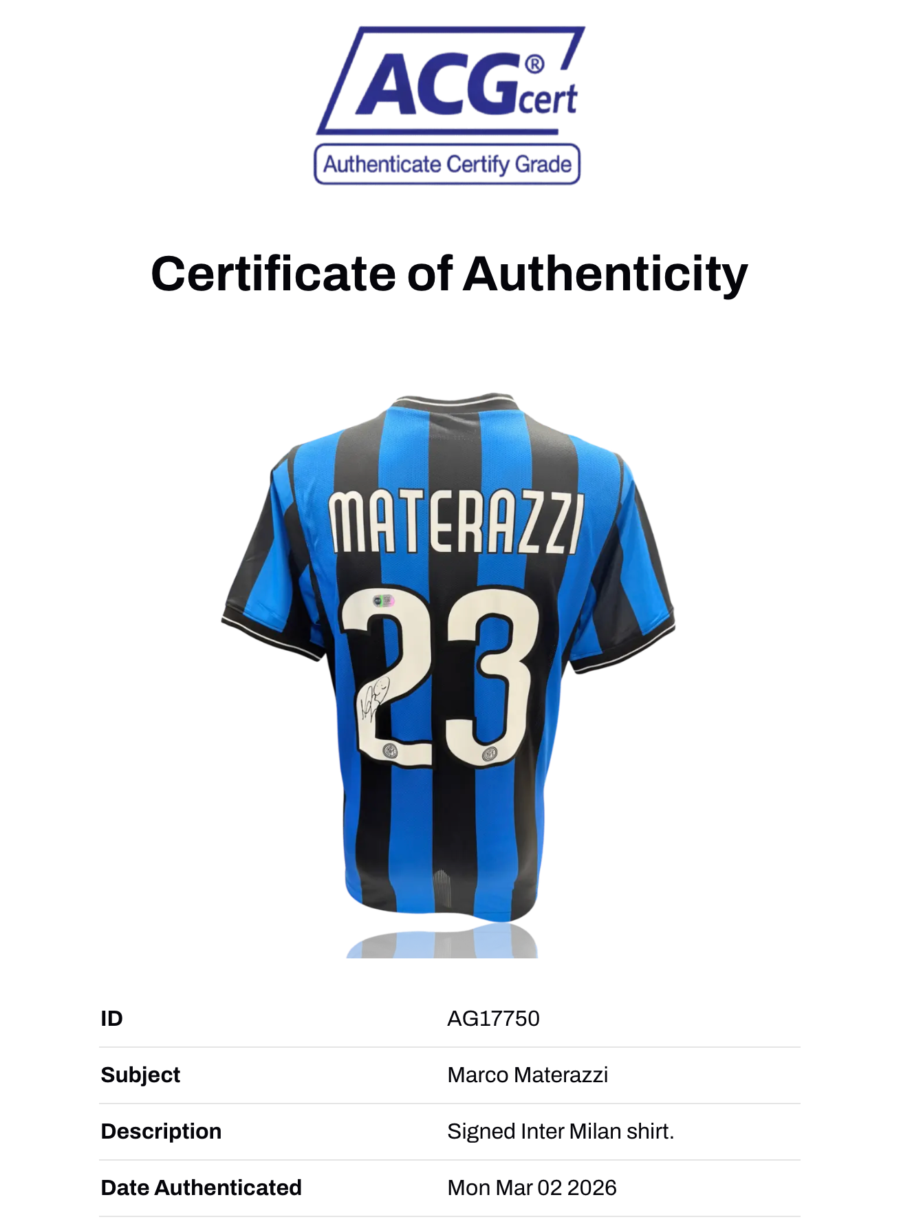 MARCO MATERAZZI SIGNED INTER MILAN 2010 UCL WINNERS SHIRT (ACG CERT AG17750)