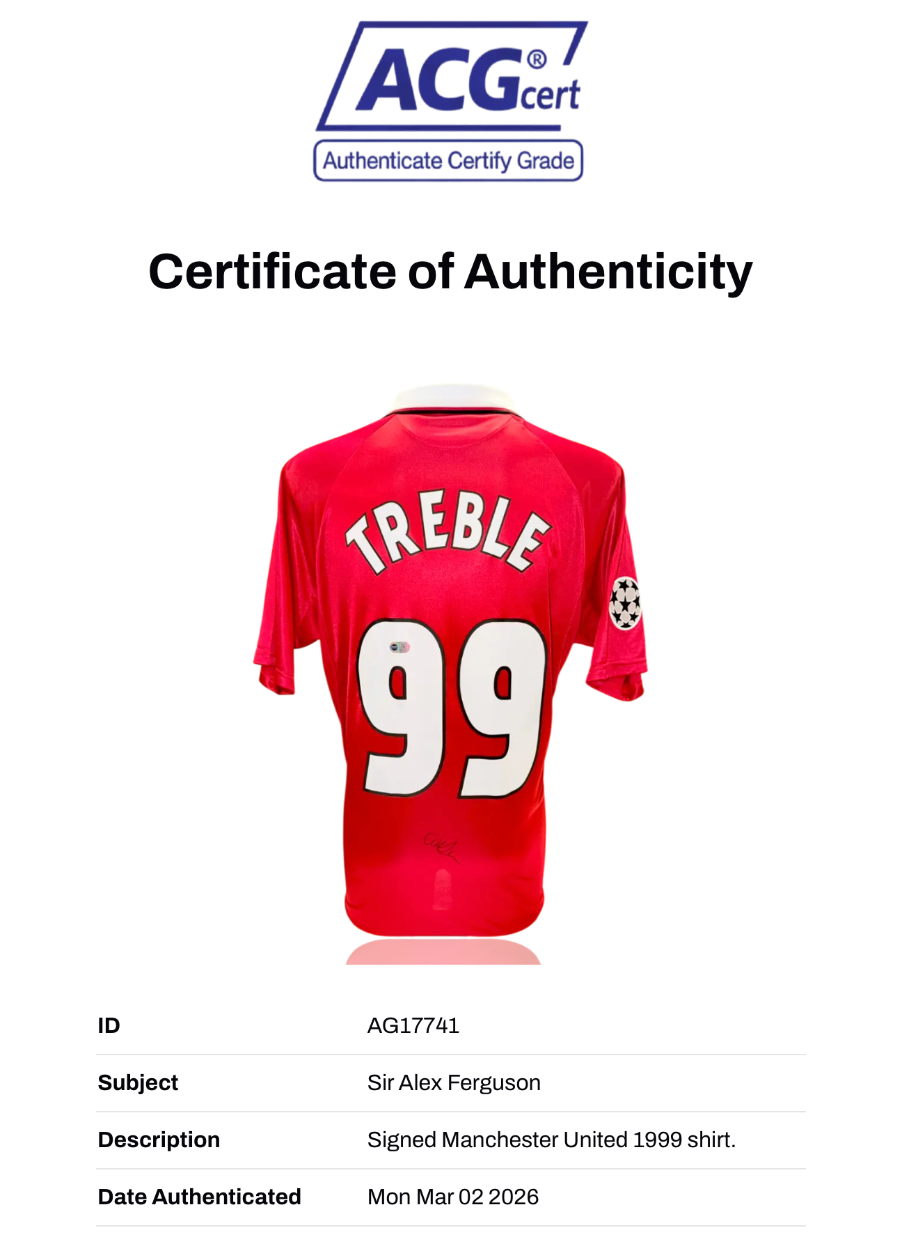 SIR ALEX FERGUSON SIGNED TREBLE 99 MANCHESTER UNITED HOME SHIRT (ACG CERT AG17741)