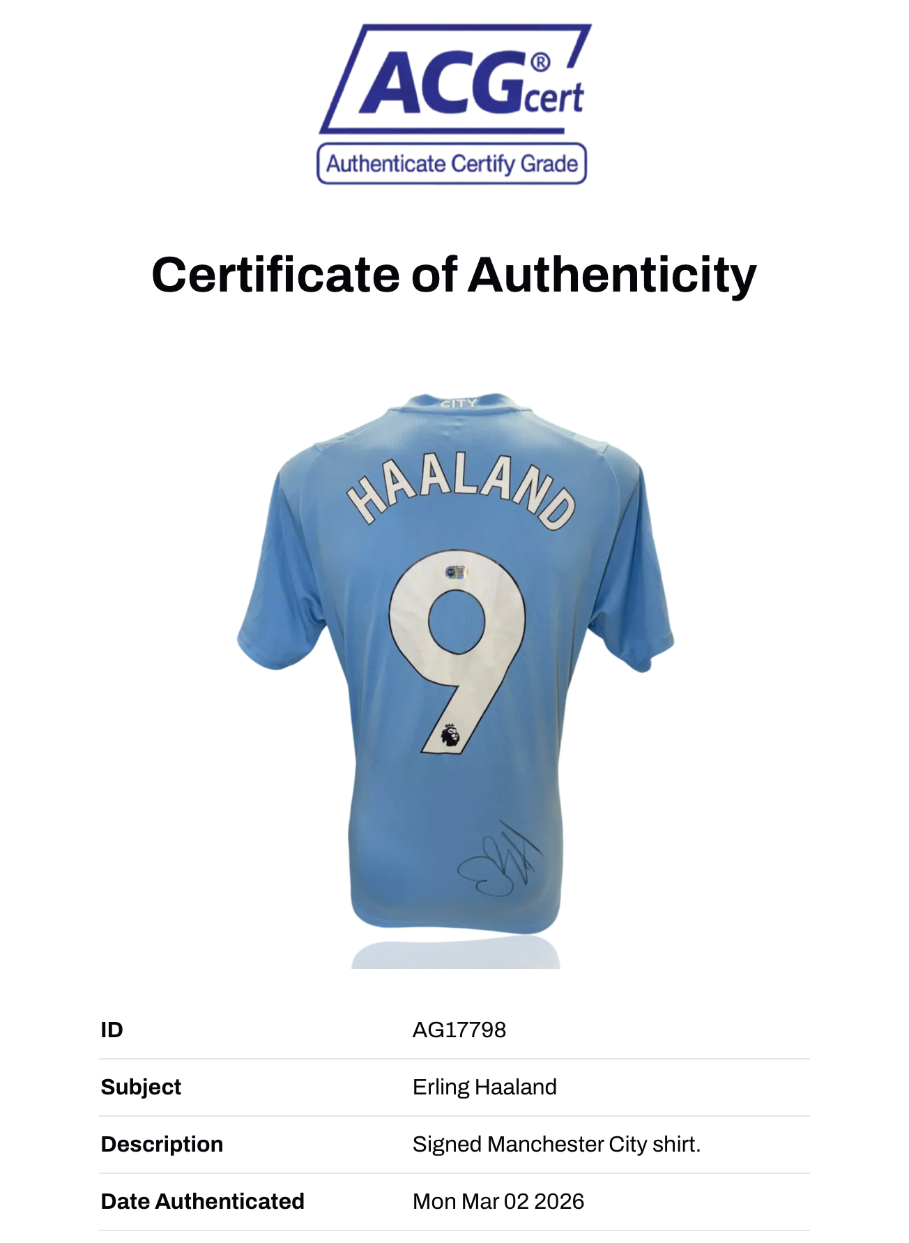 ERLING HAALAND SIGNED MANCHESTER CITY FC 23/24 HOME SHIRT (ACG CERT AG17798)