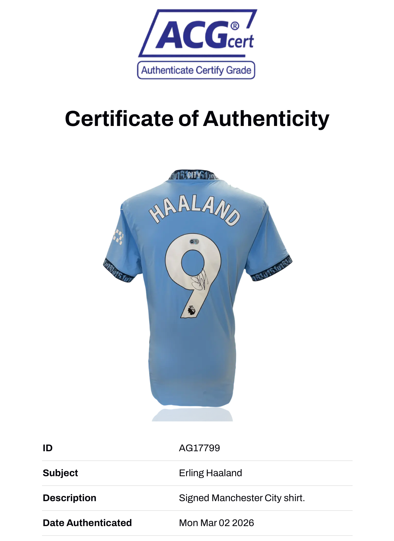 ERLING HAALAND SIGNED MANCHESTER CITY FC 24/25 HOME SHIRT (ACG CERT AG17799)