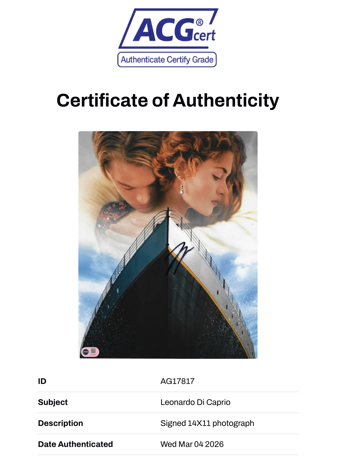 LEONARDO DI CAPRIO SIGNED TITANIC 14x11 PHOTO (ACG CERT AG17817)