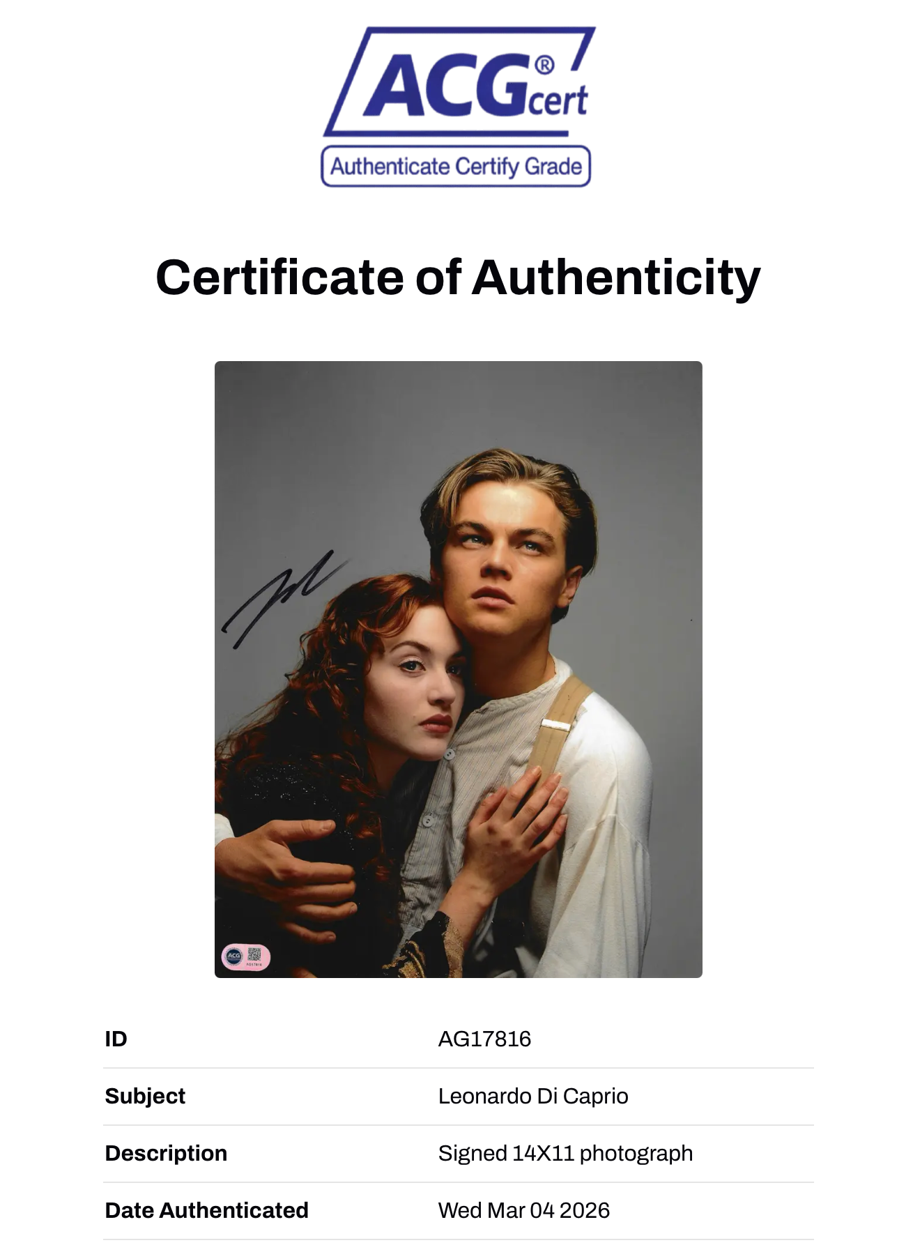 LEONARDO DI CAPRIO SIGNED TITANIC 14x11 PHOTO (ACG CERT AG17816)