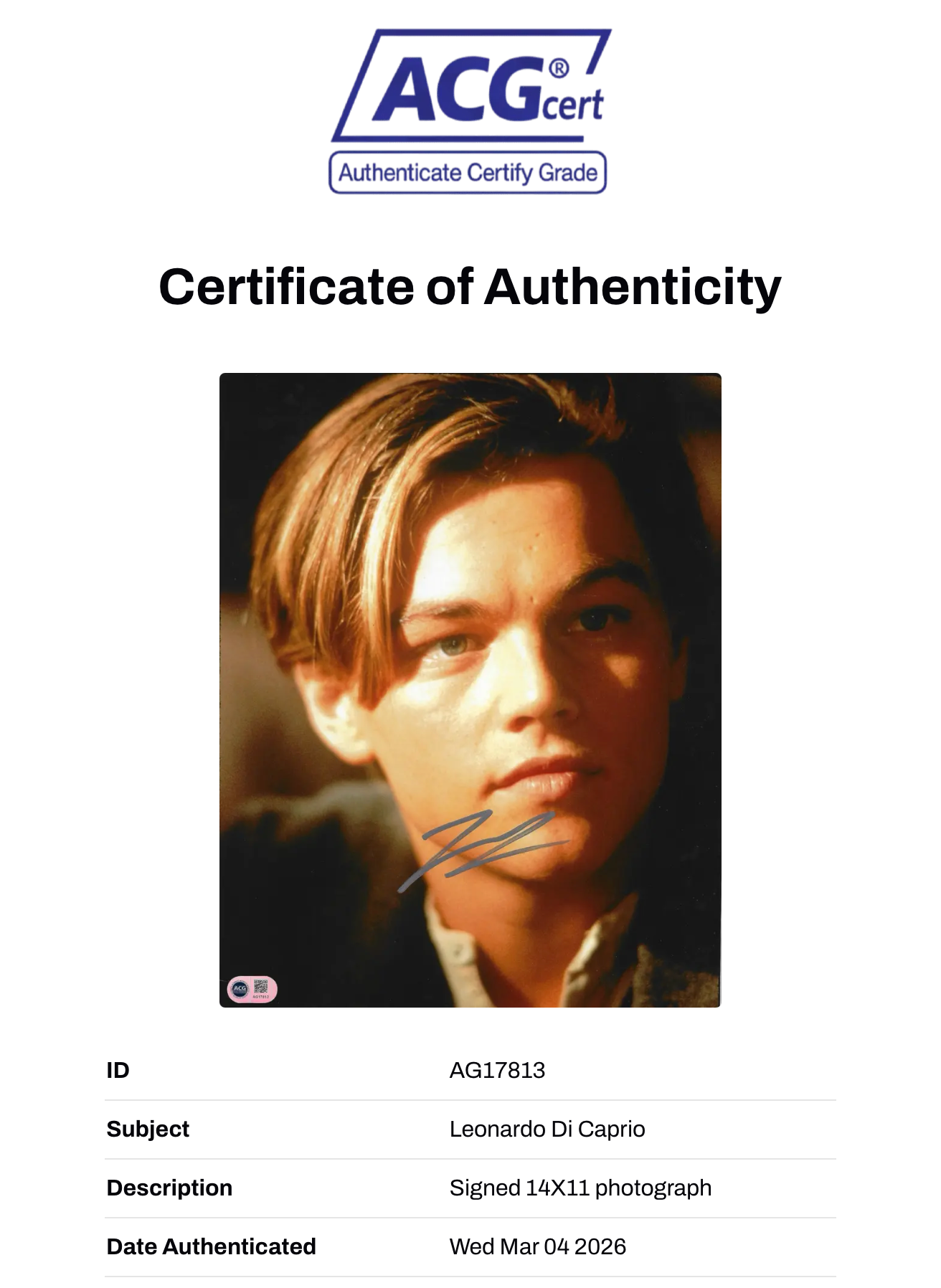 LEONARDO DI CAPRIO SIGNED TITANIC JACK 14x11 PHOTO (ACG CERT AG17813)
