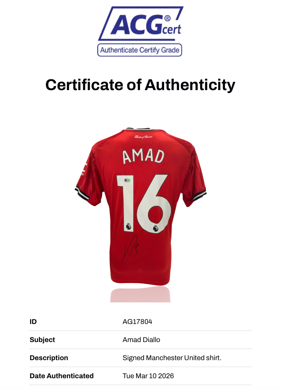 AMAD DIALLO SIGNED 2025/26 MANCHESTER UTD HOME SHIRT (ACG CERT AG17804)