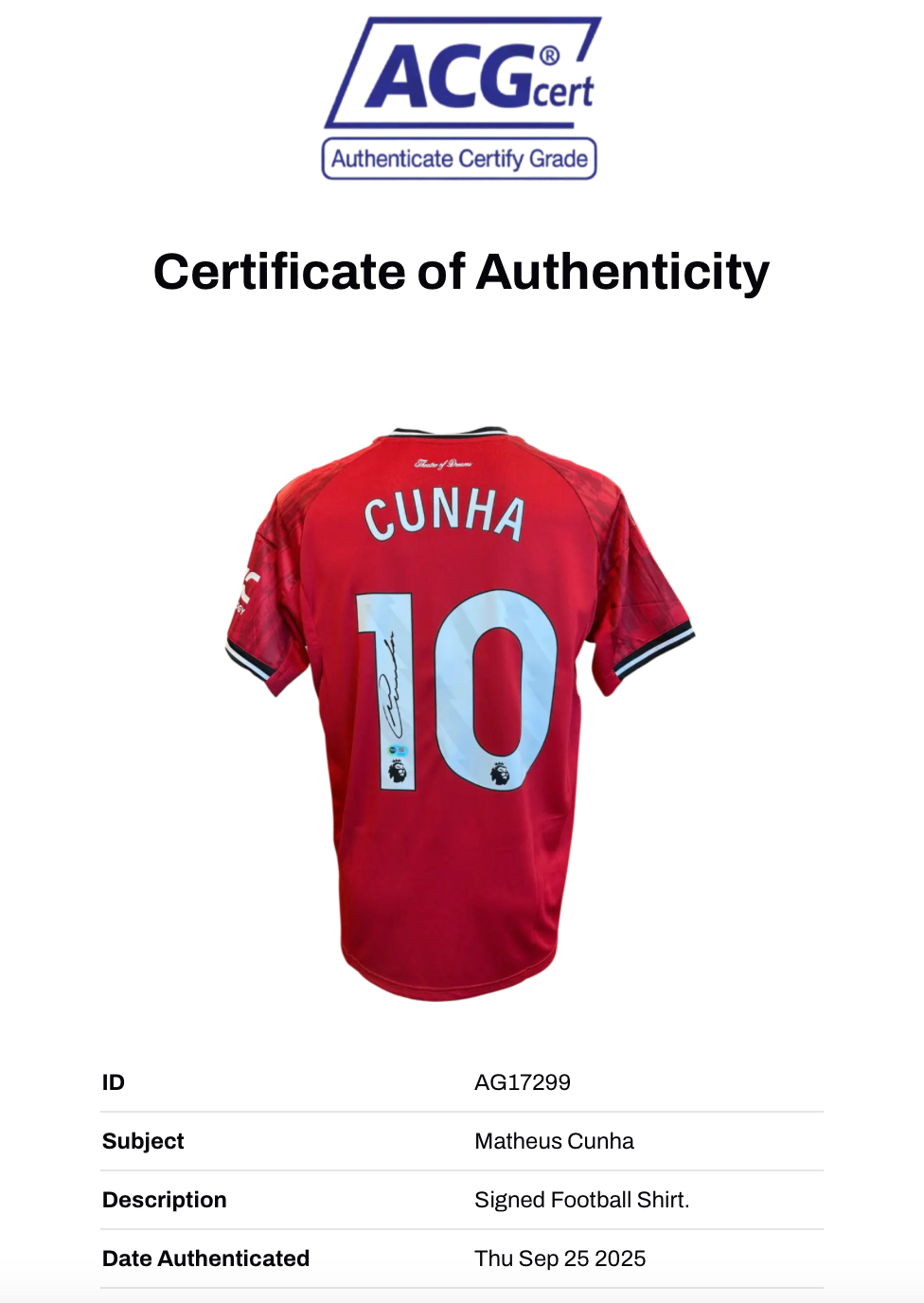 MATHEUS CUNHA SIGNED 2025/26 MANCHESTER UTD HOME SHIRT (ACG CERT AG17299)