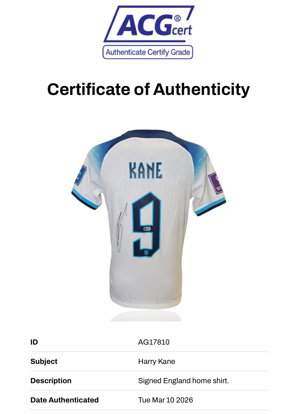 HARRY KANE SIGNED 2022/24 ENGLAND HOME SHIRT (ACG CERT AG17810)