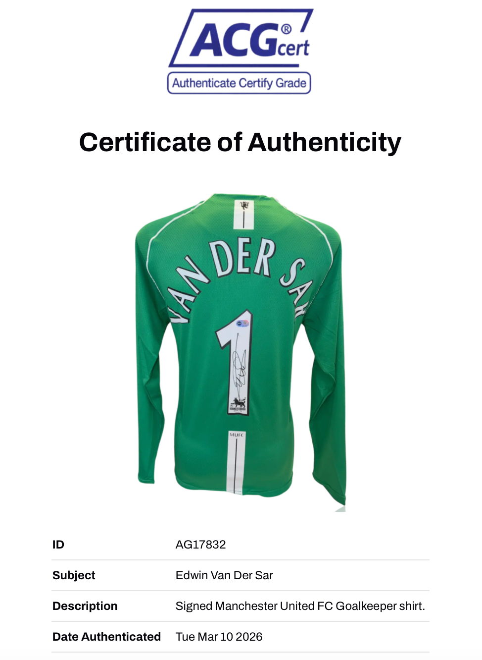 EDWIN VAN DER SAR SIGNED MANCHESTER UTD HOME GOALKEEPER SHIRT (ACG CERT AG17832)