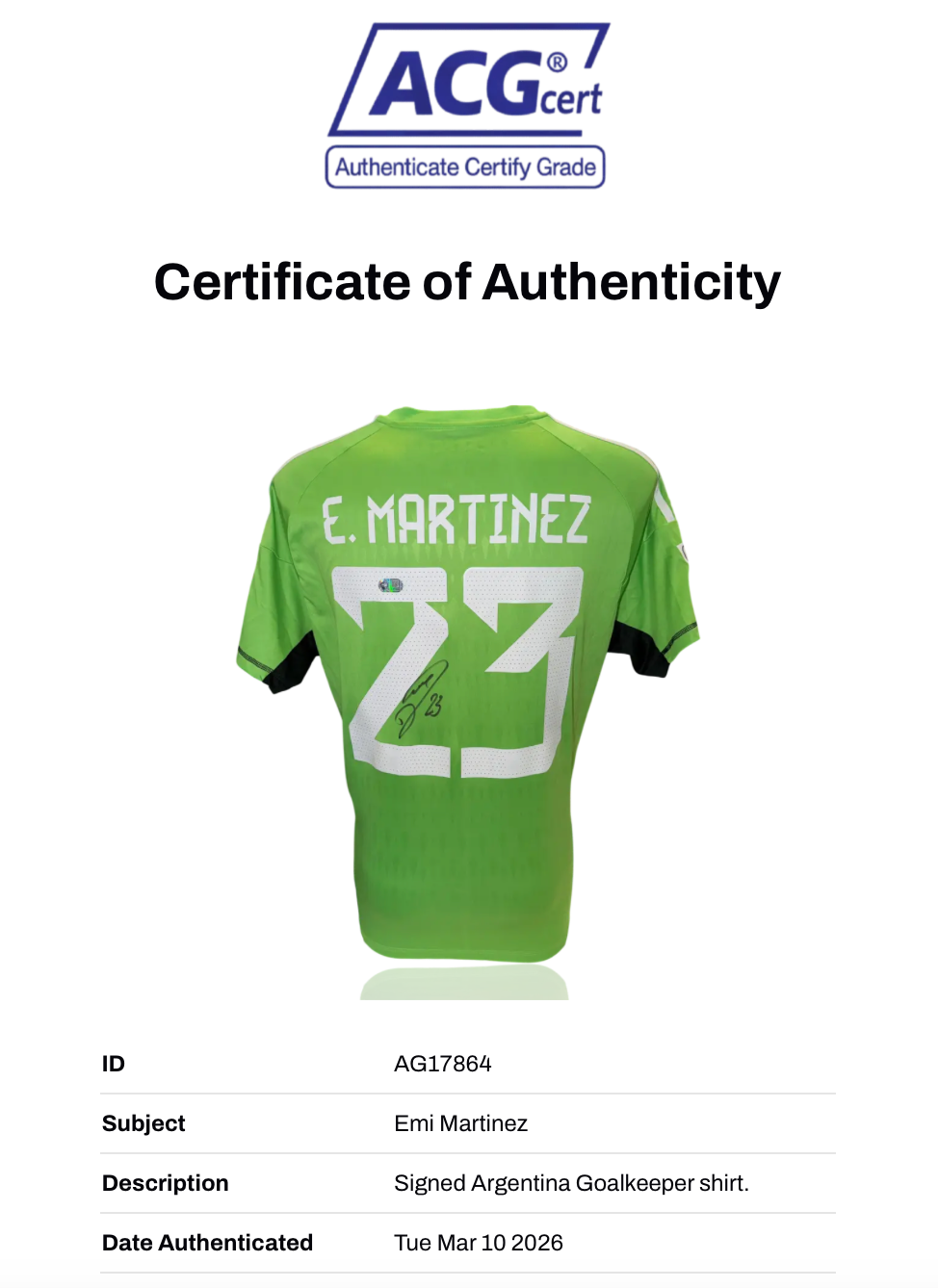 EMI MARTINEZ SIGNED 2022/23 ARGENTINA WORLD CUP HOME SHIRT (ACG CERT AG17864)