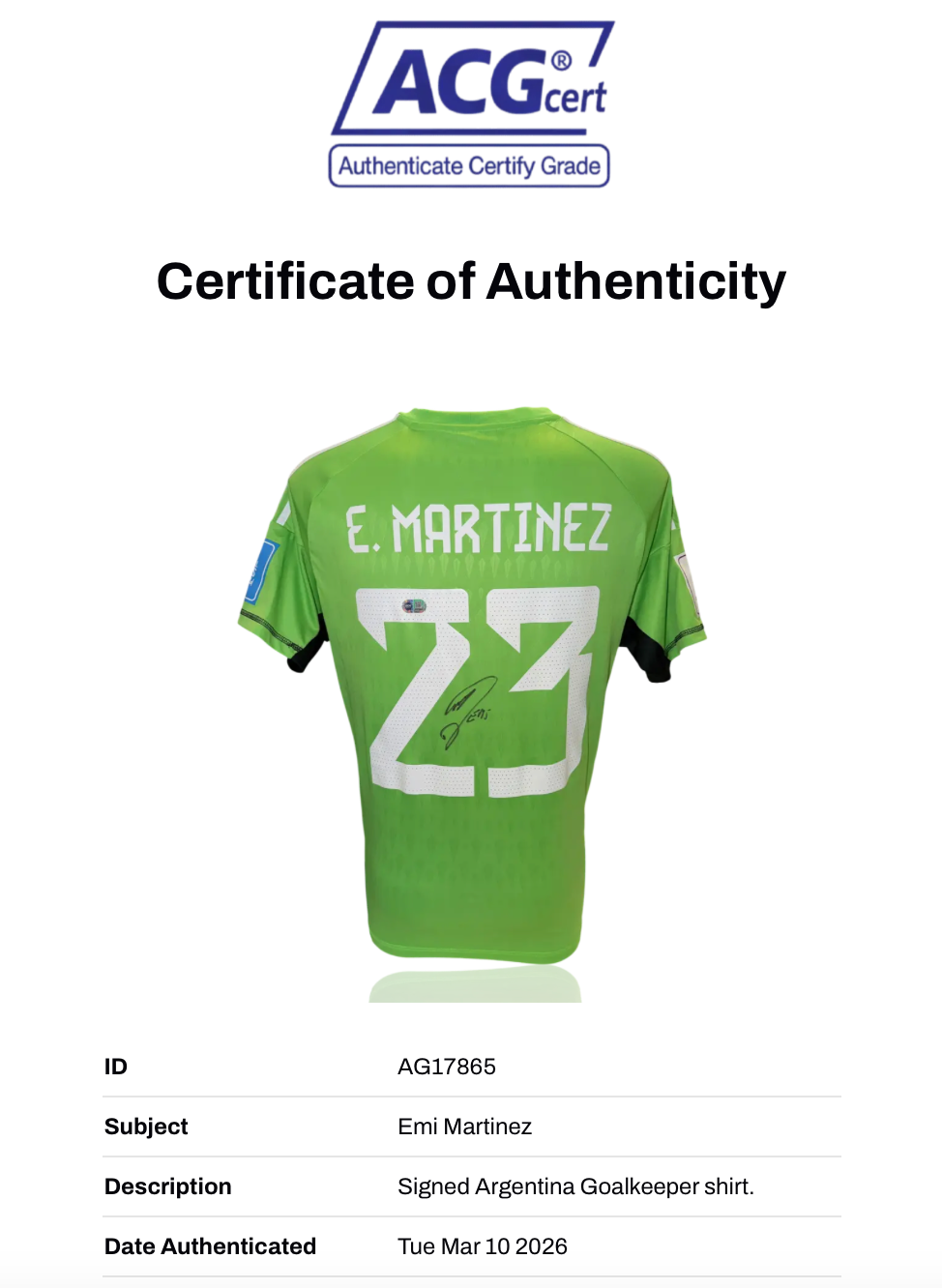EMI MARTINEZ SIGNED 2022/23 ARGENTINA WORLD CUP HOME SHIRT (ACG CERT AG17865)